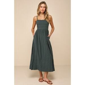 Lulus Feeling The Best Green Striped Tie-back Midi Dress With Pockets - Size M